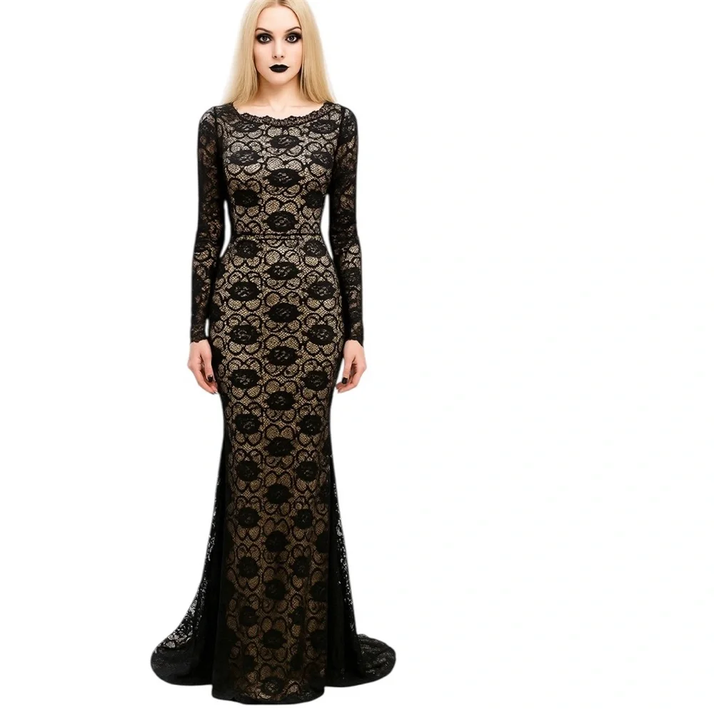 Windsor Whimsigoth Lace Maxi Dress Med Black Dark Romantic Gothic Mesh - Picture 1 of 17